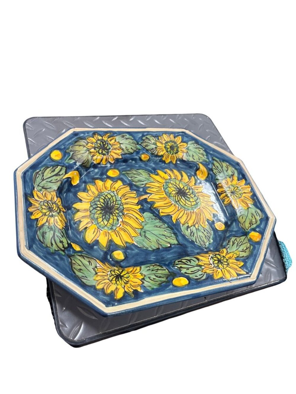 Italy handmade VTG Majolica style sunflower ceramic plate wall decor SKU 10-197